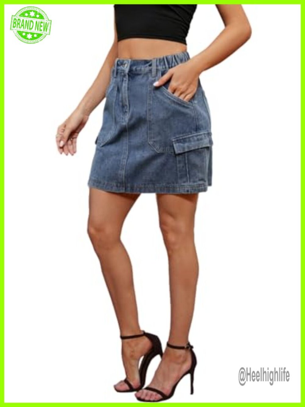 High Waist Stretch Mini Denim Skirt with Pockets A-line
